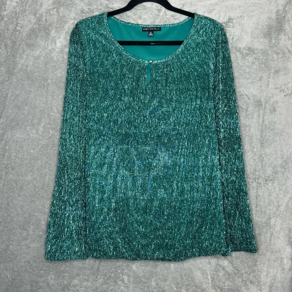 Sara‎ Michelle XL Shirt Top Green Solid Long Sleeve Keyhole Scoop Neck Glitter